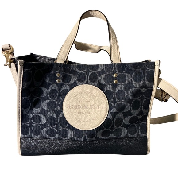 Coach Handbags - Coach Field Tote 30 Signature Jacquard Navy Cream Leather Bag C2826